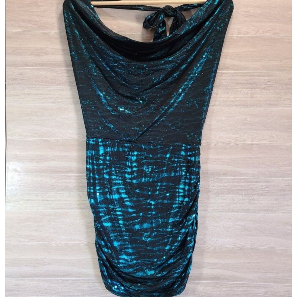 Lipstick Turquoise Sequin Halter Mini Dress Small Bodycon Party Animal Print
